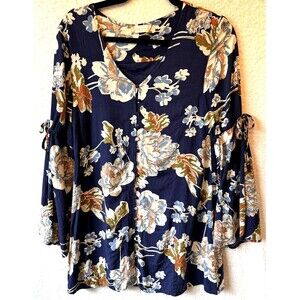 Altar'd State Women's Blue Floral Bell Sleeve Dress Size M Button Up Lightweight